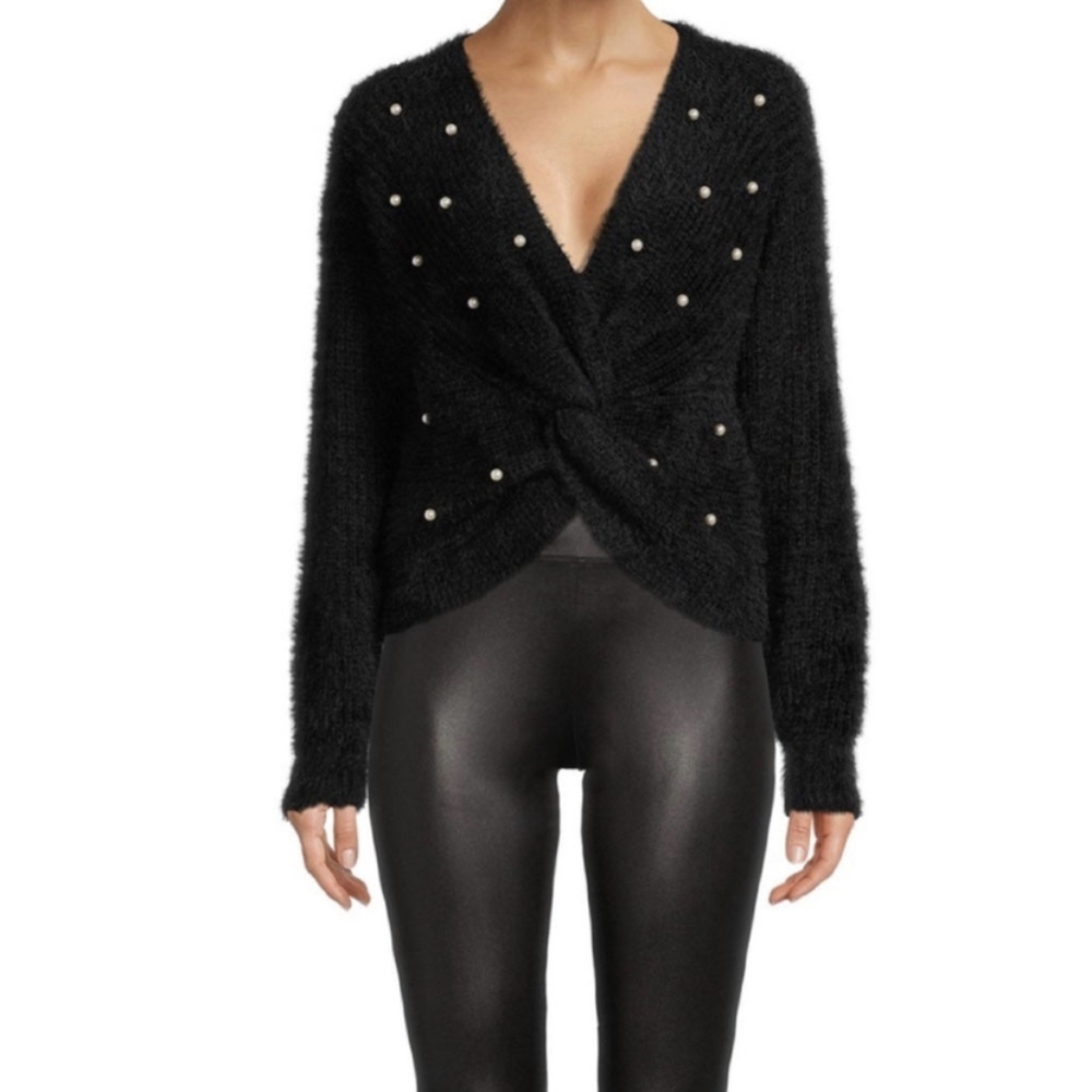 Jessica Simpson Black Knit Pearl Twisted Knot Back Sweater